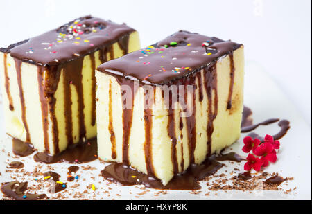 Egg cream dessert with chocolate on a plate Stock Photo