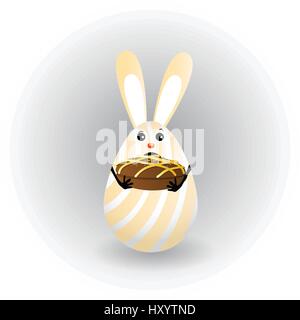 Easter. Egg-rabbit funny with faces illustration for your design. Rabbit cute peach color with chocolate cupcake Stock Vector
