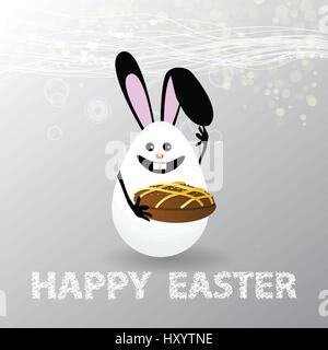 Easter. Egg-rabbit funny with faces illustration for your design. Rabbit cute with cupcake in hands sweet Stock Vector
