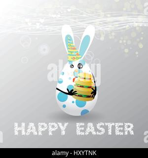 Easter. Egg-rabbit funny with faces illustration for your design. Rabbit cute with triple burger overeat Stock Vector