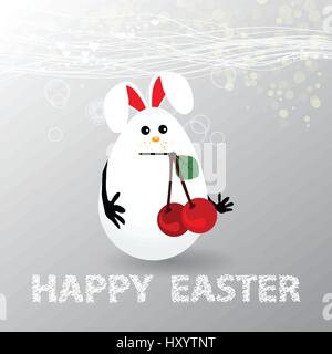 Easter. Egg-rabbit funny with faces illustration for your design. Cute rabbit with cherry in the mouth Stock Vector
