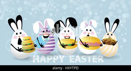 Easter. Eggs-rabbits are funny with faces illustration for your design. Food fast burgers and big poppies. Stock Vector