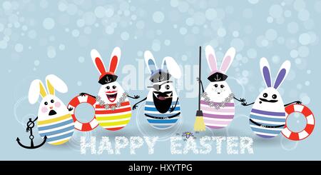 Easter. Eggs-rabbits are funny with faces illustration for your design. Seamen with the captain at the head. Stock Vector