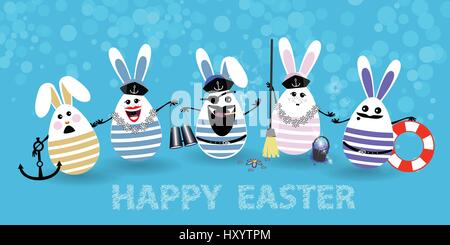 Easter. Eggs-rabbits are funny with faces illustration for your design. Sailors with anchor, binoculars, bucket. Stock Vector