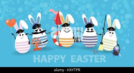 Easter. Eggs-rabbits are funny with faces illustration for your design. Sailors with balloon, flag, cleaning Stock Vector