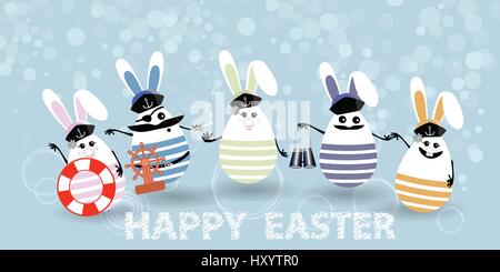 Easter. Eggs-rabbits are funny with faces illustration for your design. Sailors with steering wheel, life ring, binoculars Stock Vector