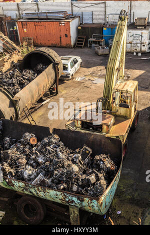 GRIMSBY, ENGLAND - MARCH 14: Looking down onto car scrap yard in Grimsby, England. In Grimsby, North Lincolnshire, England. On 14th March 2017. Stock Photo