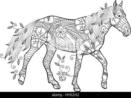 Coloring Page In Zentangle Inspired Style Running Horse Ornate By Flowers And Leaves Isolated On