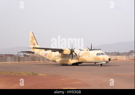 An EADS CASA C-295 military aircraft bearing the markings of the Egyptian Air Force stands on the runway at Bangui, Central African Republic, Feb 2017 Stock Photo