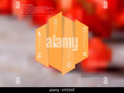 Illustration infographic template with motif of hexagon vertically divided to four shifted orange sections. Blurred photo with natural motif with red  Stock Vector