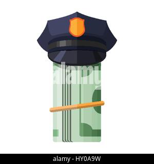 Police cap on roll of money. Vector isolated illustration Stock Vector