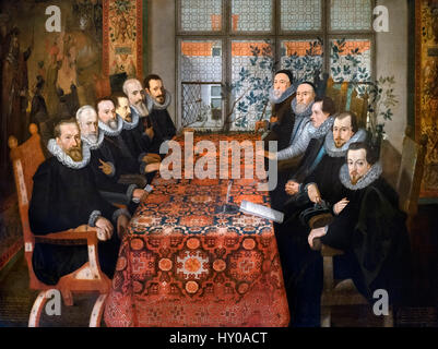 'Somerset House Conference, 19th August 1604' by Juan Pantoja de la Cruz, oil on canvas, c.1604. The Treaty of London was signed at Somerset House in 1604, bringing an end to the Anglo-Spanish War (1585-1604). Robert Cecil is sitting in the right foreground. Stock Photo