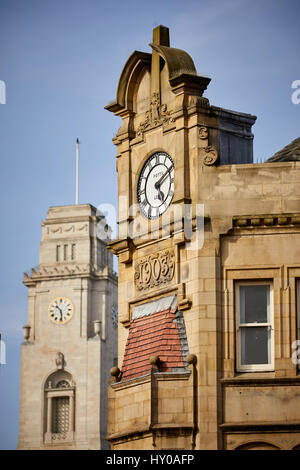 clocks on Historic building Market Hill, Barnsley town centre, South Yorkshire, England. UK. Stock Photo