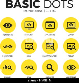 Monitoring flat icons set with computer, laptop and scan element isolated vector illustration on white Stock Vector