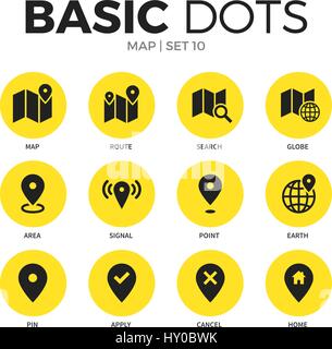 Map flat icons set with route, map and globe element isolated vector illustration on white Stock Vector