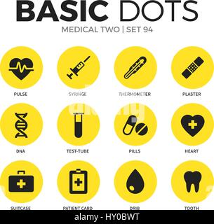 Medical two flat icons set with pulse, plaster and tooth isolated vector illustration on white Stock Vector