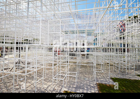 The 2013 Serpentine Gallery Pavilion in Hyde Park, designed by architect Sou Fujimoto, on it's opening day Stock Photo