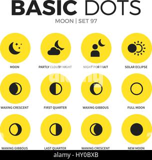 Moon flat icons set with full moon, new moon and last quarter isolated vector illustration on white Stock Vector