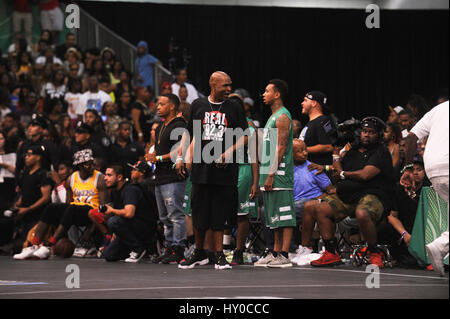 Big Boy and Tyga attends the BET Experience Sprite Celebrity Basketball Game at the Los Angeles Convention Center on June 27th, 2015 in Los Angeles, California.