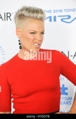 Singer Alecia Beth Moore aka Pink arrives at Autism Speaks blue carpet at the Barker Hanger on October 8th, 2015 in Santa Monica, California, Stock Photo