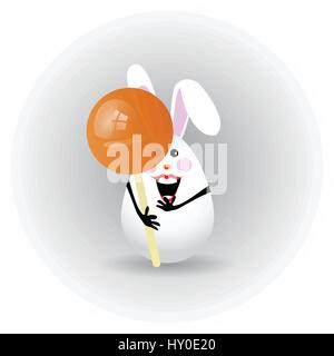 Easter. Egg-rabbit funny with faces illustration for your design. Rabbit cute licks candy sugar, hide behind it Stock Vector