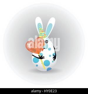 Easter. Egg-rabbit funny with faces illustration for your design. Rabbit cute in blue peas licks lollipop in heart shape Stock Vector