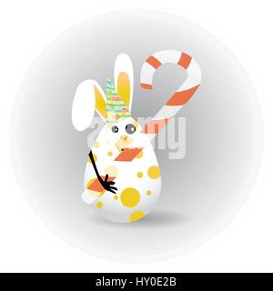 Easter. Egg-rabbit funny with faces illustration for your design. Rabbit cute in yellow peas with striped fudge-shaped bent stick Stock Vector