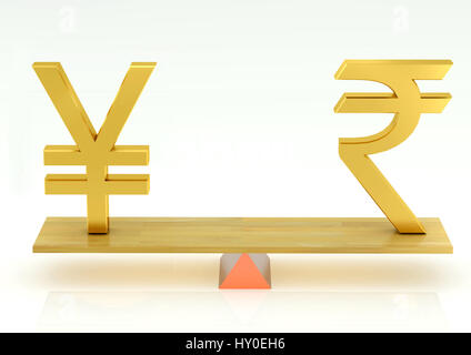 Balancing, japanese yen and indian rupee Stock Photo