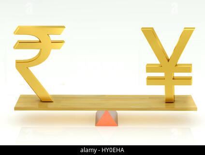 Balancing, japanese yen and indian rupee Stock Photo