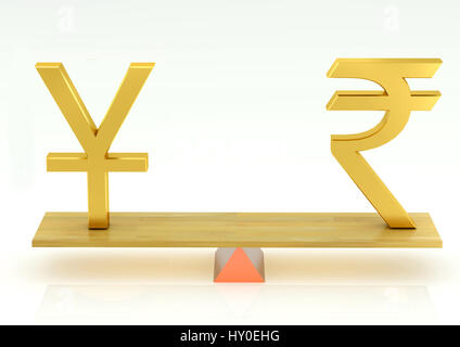 Balancing, chinese Yuan and indian rupee Stock Photo