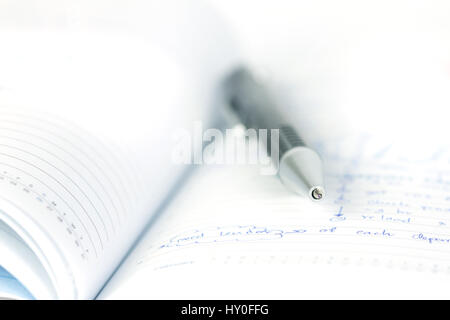 selective focus of the ball pen on opened lined diary book Stock Photo