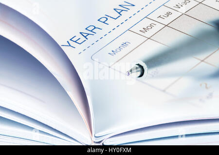 selective focus of the ball pen on opened lined diary book with year plan concept Stock Photo
