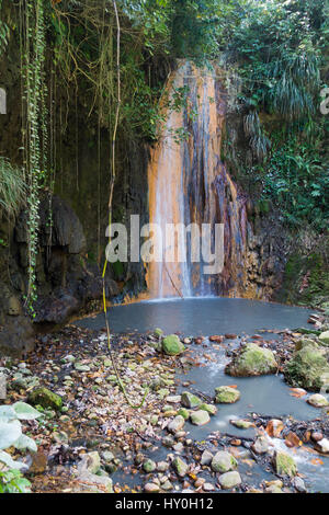 The Diamonds Falls water falls in the Soufriere Botanical Gardens on Saint Lucia in the Caribbean Stock Photo