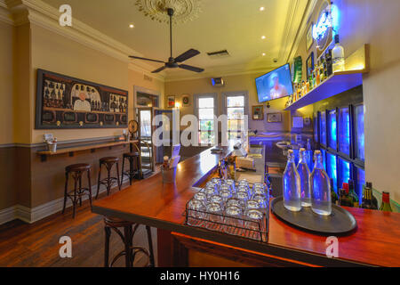 Interior views of a dining area of a typical turn-of-the-century Australian pub. The Left Bank Hotel, Perth, Western Australia. Stock Photo
