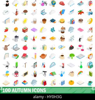 100 autumn icons set, isometric 3d style Stock Vector