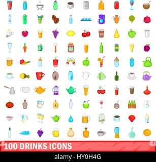 100 drink icons set, cartoon style Stock Vector