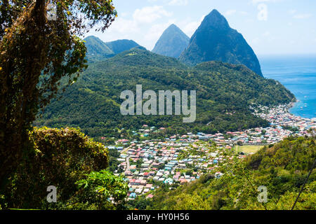 The old French capital of St Lucia, Soufriere, with Petit Piton and Gros Piton (2 volcanic plugs) in the background Stock Photo
