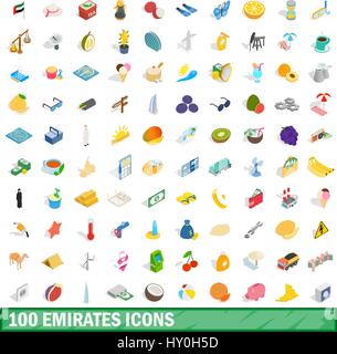 100 emirates icons set, isometric 3d style Stock Vector