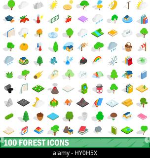 100 forest icons set, isometric 3d style Stock Vector