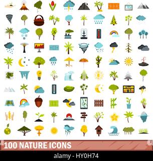 100 nature icons set, flat style Stock Vector