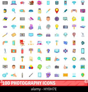 100 photography icons set, cartoon style Stock Vector
