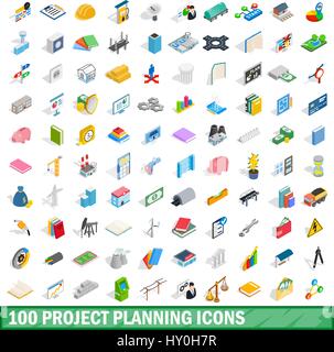 100 project planning icons set, isometric 3d style Stock Vector
