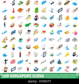 100 singapore icons set, isometric 3d style Stock Vector