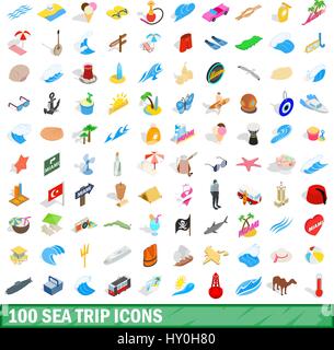 100 sea trip icons set, isometric 3d style Stock Vector