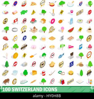 100 switzerland icons set, isometric 3d style Stock Vector