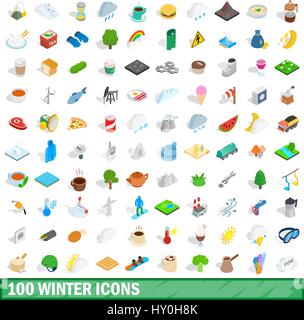 100 winter icons set, isometric 3d style Stock Vector