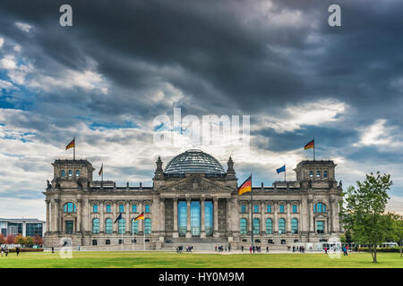 The building of the Reichstag was built between 1884 and 1894 by Paul Wallott. Since 1999 the building is the seat of the German Bundestag in Berlin Stock Photo