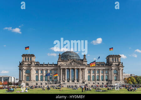 The building of the Reichstag was built between 1884 and 1894 by Paul Wallott. Since 1999 the building is the seat of the German Bundestag in Berlin Stock Photo