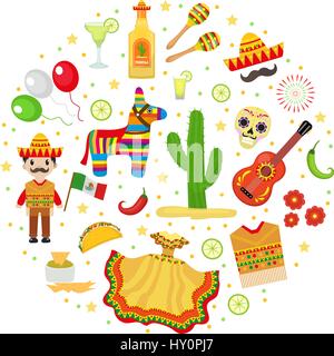 Cinco de Mayo celebration in Mexico, icons set in round shape, design element, flat style. Vector illustration. Stock Vector