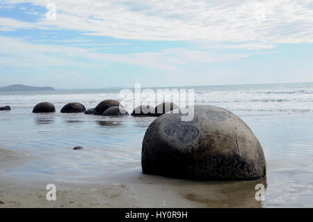 The Moeraki Boulders on Koekohe Beach on the Otago coast of New Zealand's South Island. They are a popular tourist attraction for those travelling SH1 Stock Photo